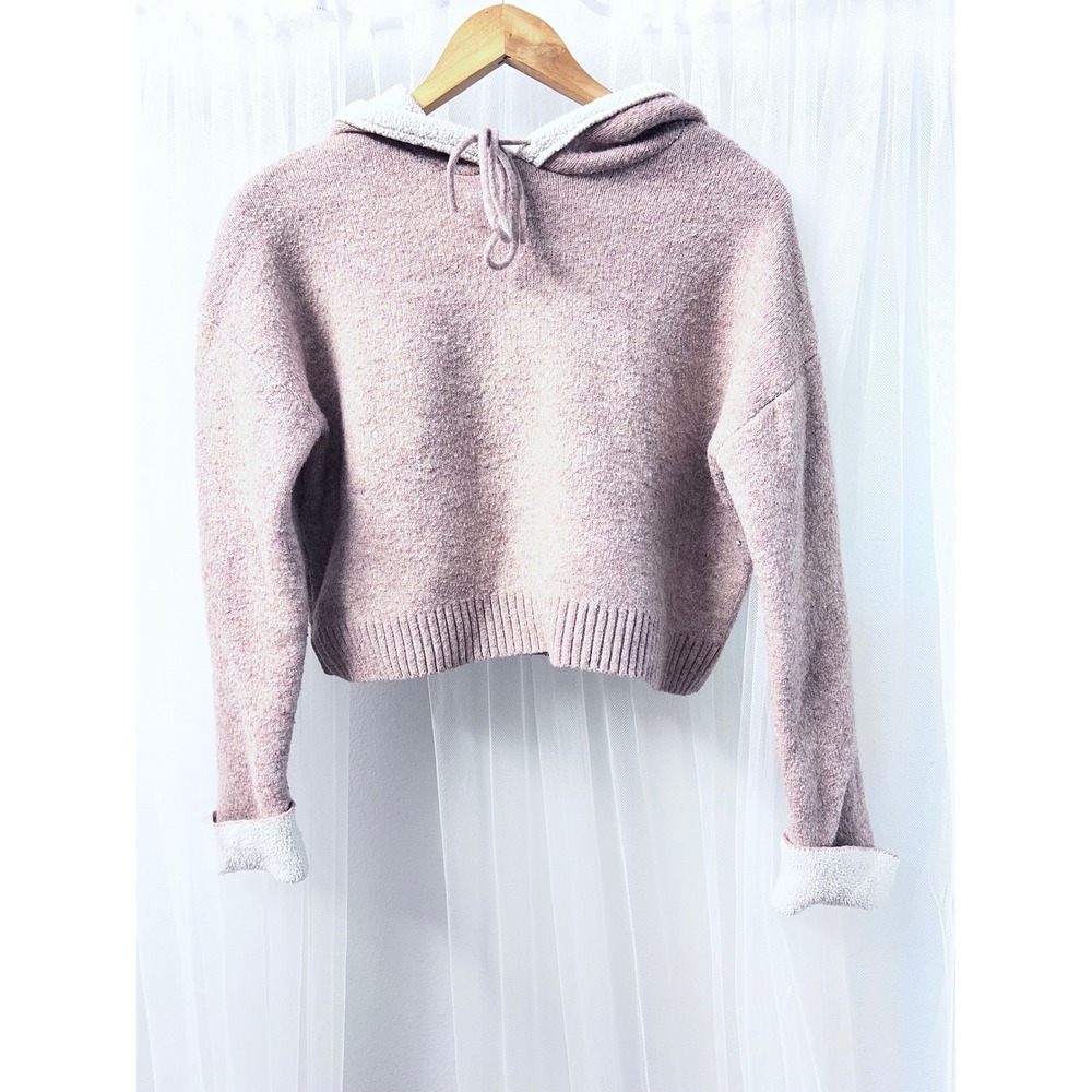 Happily Grey Womens Mauve Pink Sherpa Lined Knit Cropped Hoodie Sweater Size M